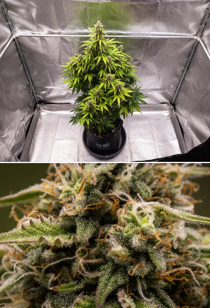 Atlas F1 kannabisznövény textilcserépben a grow report 8. hetében, fagyos érett virágokkal, sűrű trichomaborítással, narancssárga bibékkel és szüretre kész virágzási növekedéssel.