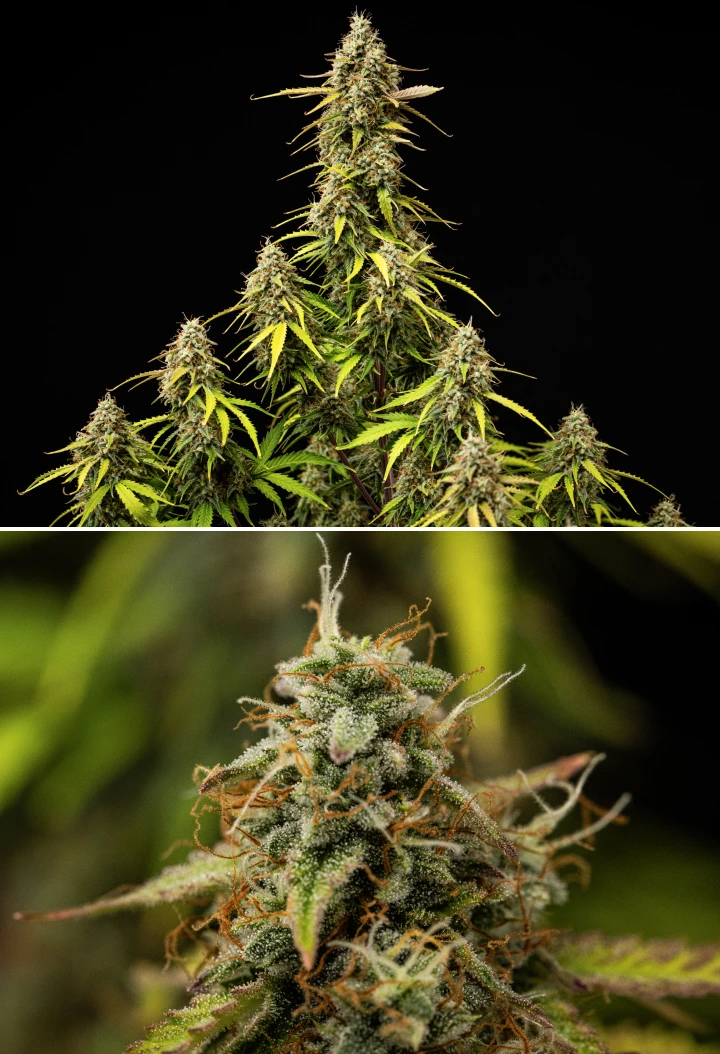 Atlas F1 kannabisznövény a grow report 9. hetében, teljesen beérett virágokkal, sűrű trichomaborítással, narancssárga bibékkel, fakuló levelekkel és érett virágzási növekedéssel.