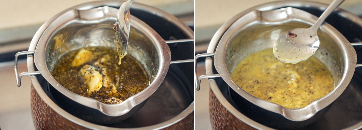 Lassan gyöngyöző cannabutter-keverék vízfürdőben, miközben egy kanál keveri az infuzált vajat az egyenletes hő fenntartása és a túlmelegedés elkerülése érdekében