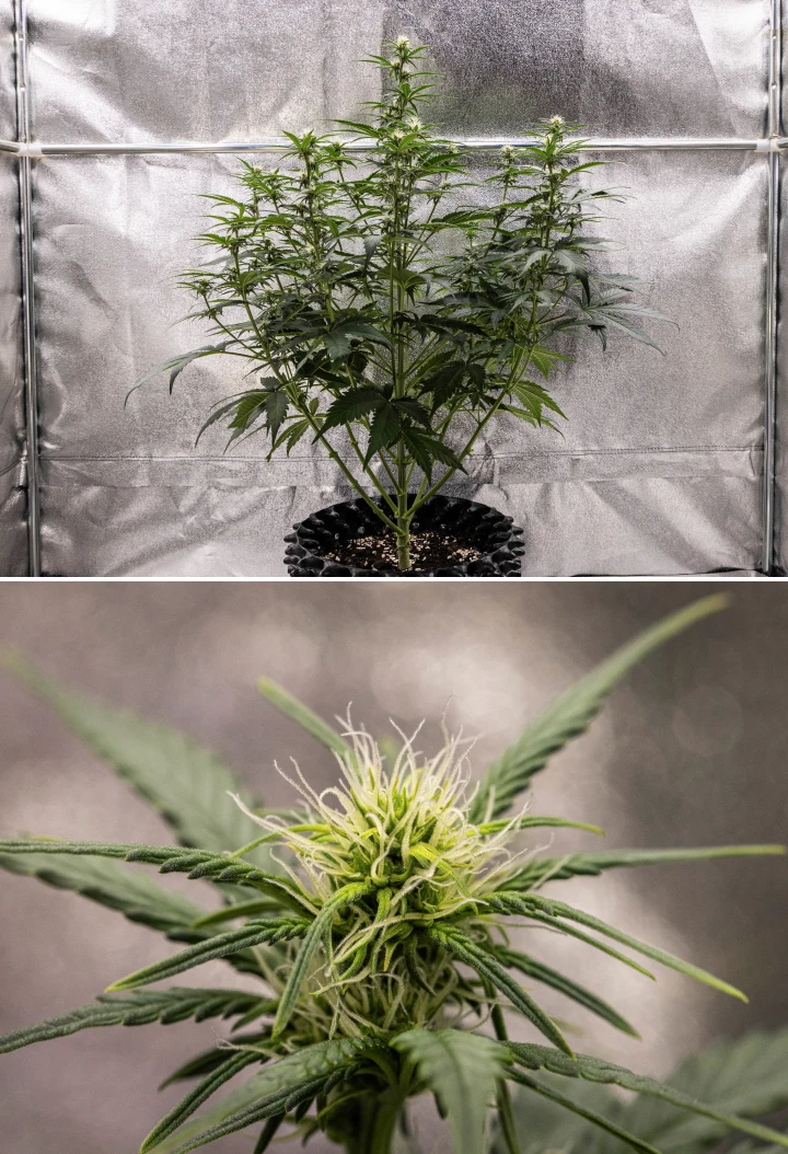 Cosmos F1 kannabisznövény a virágzás 2. hetében, korai virágképződéssel, egészséges zöld lombozattal, függőleges ágszerkezettel és fejlődő fehér bibékkel a 33–40. csírázási nap között.