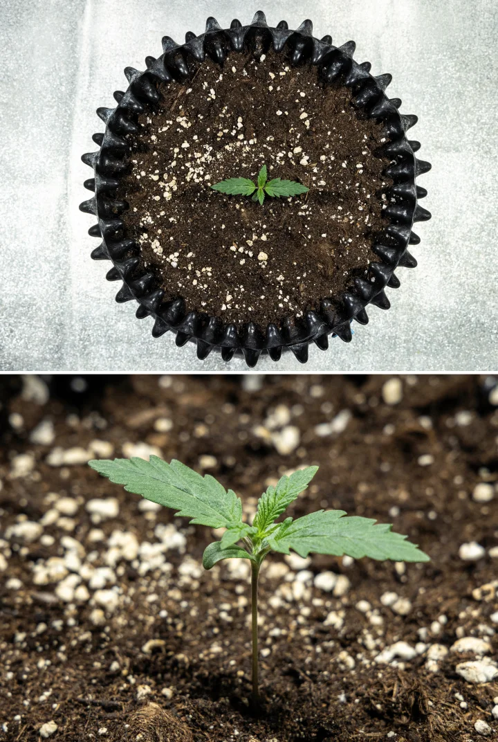 Cosmos F1 kannabisz palánta csírázás közben, amely egyenletesen bújik elő a talajból az 1–5. nap között.