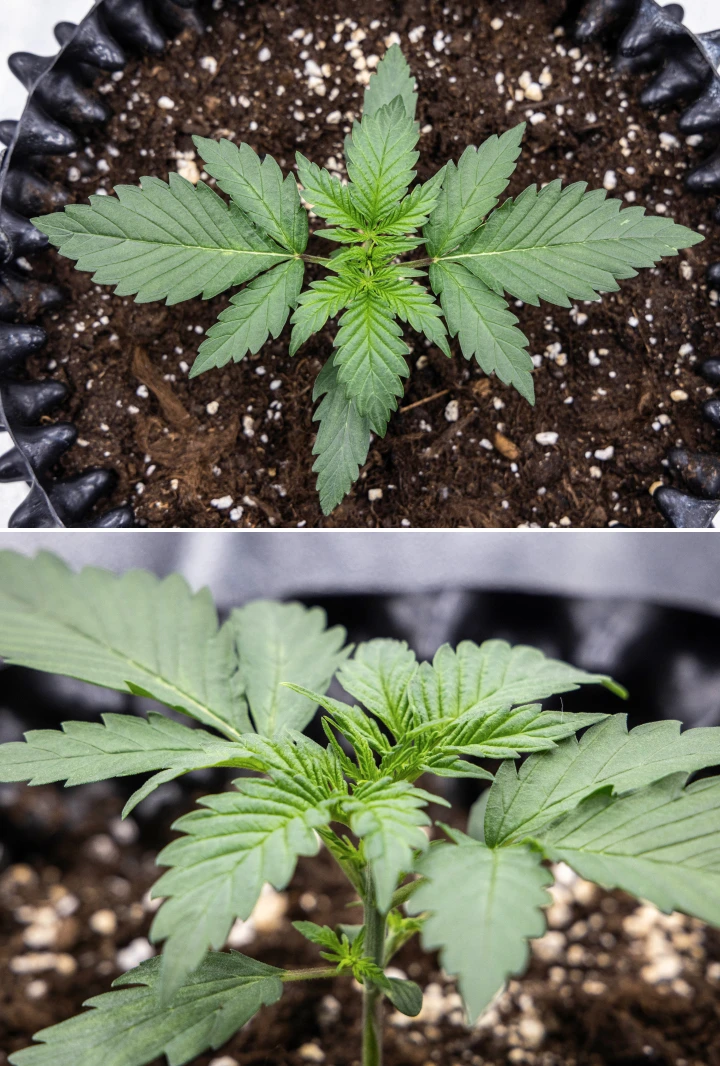 Cosmos F1 kannabisznövény a vegetáció 1. hetében, kompakt, egyenes növekedéssel, egyenletes levéltávolsággal és egészséges korai lombozattal az 5–12. csírázási nap között.