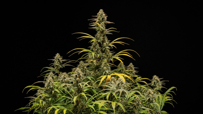 Érett Hyperion F1 kannabisznövények fekete háttér előtt, magas virágzó colákkal, gyantás virágokkal, fakuló levelekkel és erőteljes lombkoronával a virágzás utolsó szakaszában.
