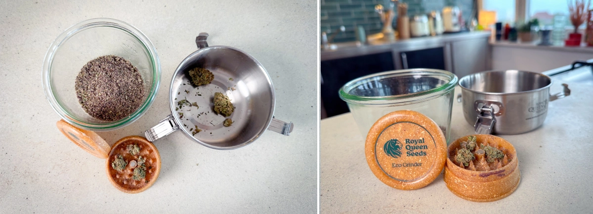 Őrölt kannabisz és virágok grinderben, üvegedényben és lábasban dekarboxilezés előtt.