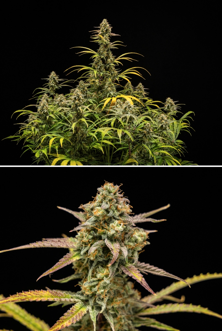 Hyperion F1 kannabisznövények szüretkor, érett gyantás colákkal, fagyos trichomaborítással, narancssárga bibékkel, fakuló sárga és lila levelekkel és sűrű virágzási növekedéssel fekete háttér előtt.