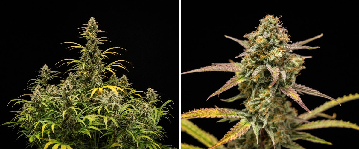 Hyperion F1 kannabisznövények szüretkor, érett gyantás colákkal, fagyos trichomaborítással, narancssárga bibékkel, fakuló sárga és lila levelekkel és sűrű virágzási növekedéssel fekete háttér előtt.