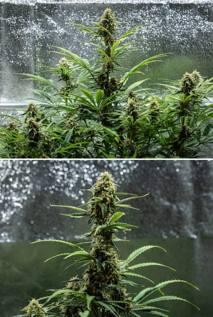 Hyperion F1 kannabisznövény a grow report 9. hetében, érett virágzó colákkal, gyantás virágokkal, narancssárga bibékkel, fakuló levelekkel és végső éréssel egy termesztősátorban.