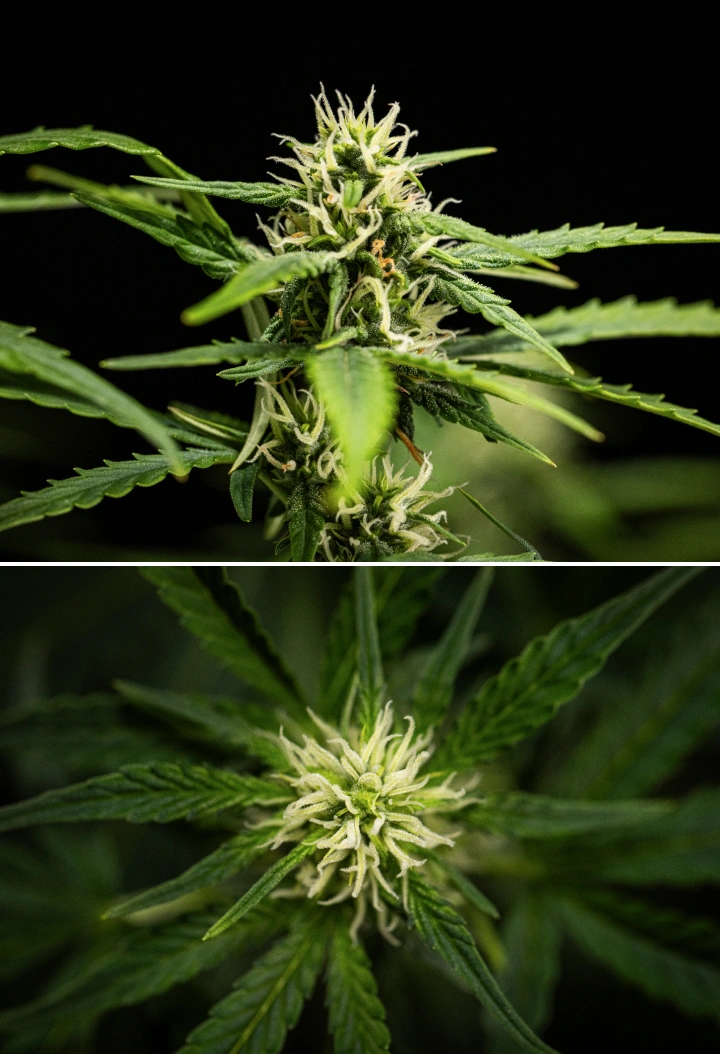 NYC Sour Diesel Auto kannabisznövény a virágzás 6. hetében, körülbelül 122 cm magasan, lassabb függőleges növekedéssel, tömörebb virágokkal, korai gyantaképződéssel és sűrű virágfejlődéssel LED-fény alatt