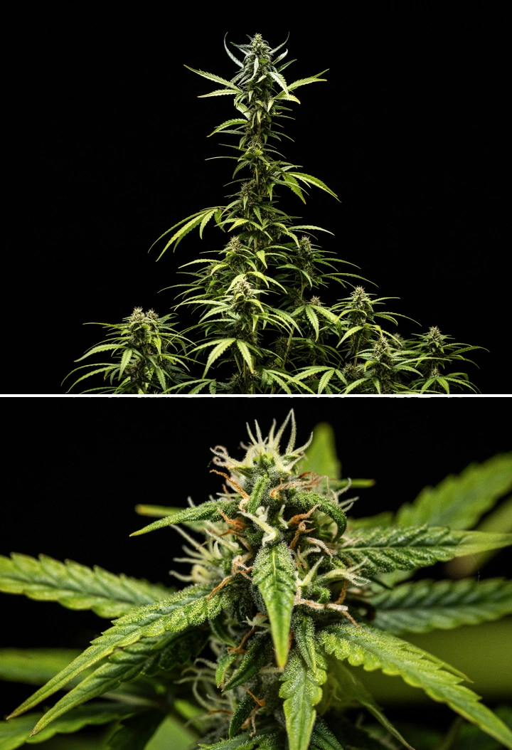 NYC Sour Diesel Auto kannabisznövény a virágzás 7. hetében, sűrű, ragadós virágokkal, fokozott gyantatermeléssel, a fényhez közeli fő colával, enyhe levélsápadással és megtámasztott, hajló ágakkal