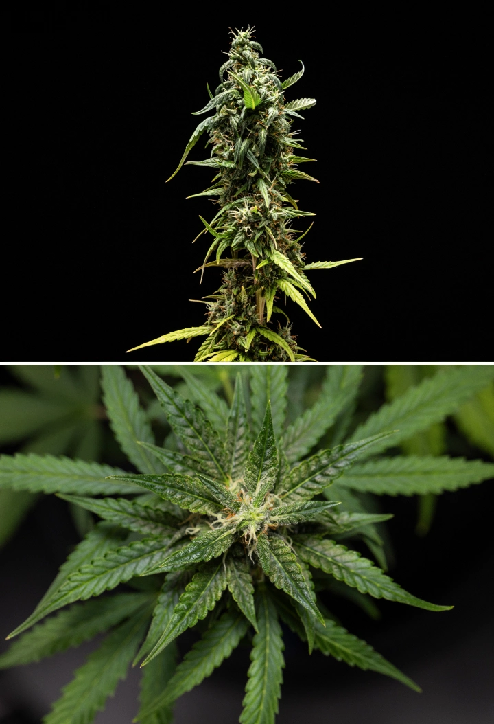 NYC Sour Diesel Auto kannabisznövény a virágzás 8. hetében, tejszerű trichómákkal, kompakt aromás virágokkal, erős gyantatermeléssel és egy kissé kevésbé érett felső colával a betakarítás közelében