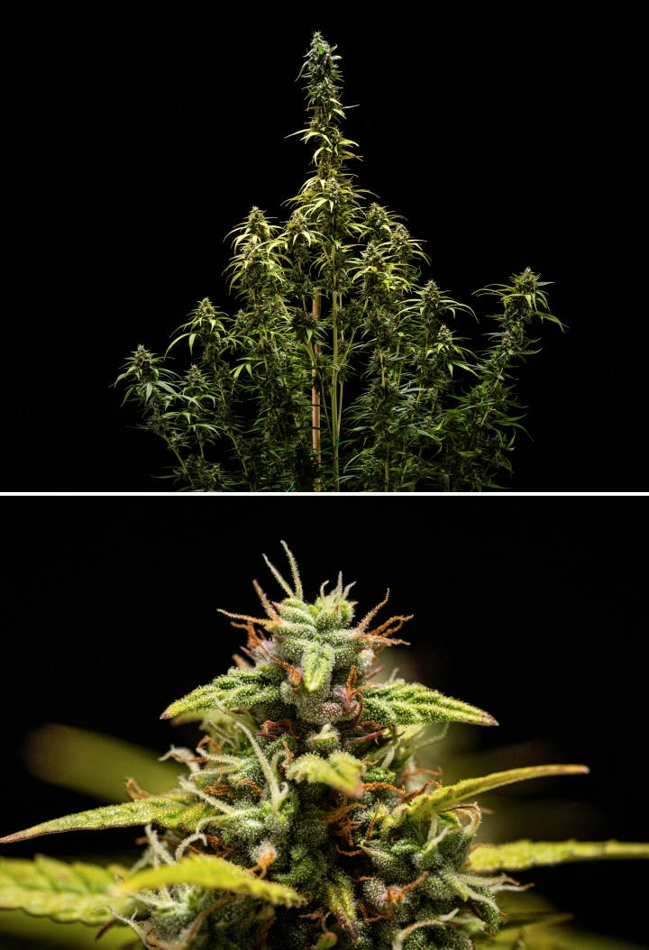 NYC Sour Diesel Auto kannabisznövény a virágzás 9. hetében, betakarításkor, többnyire felhős trichómákkal, sűrű virágokkal, magas szerkezettel és enyhe fényterheléssel a felső colán