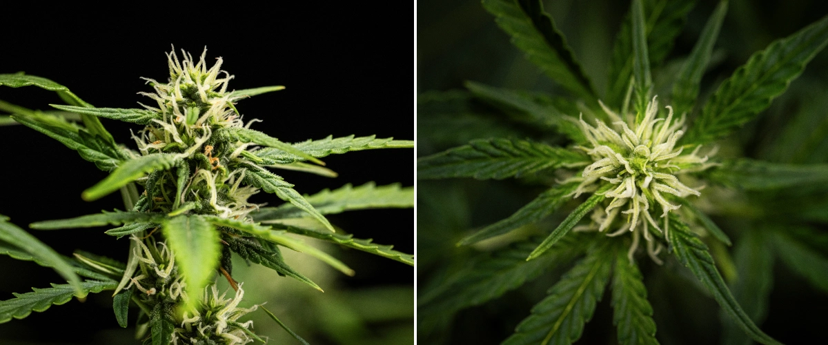 NYC Sour Diesel Auto kannabisznövény a virágzás 6. hetében, körülbelül 122 cm magasan, lassabb függőleges növekedéssel, tömörebb virágokkal, korai gyantaképződéssel és sűrű virágfejlődéssel LED-fény alatt