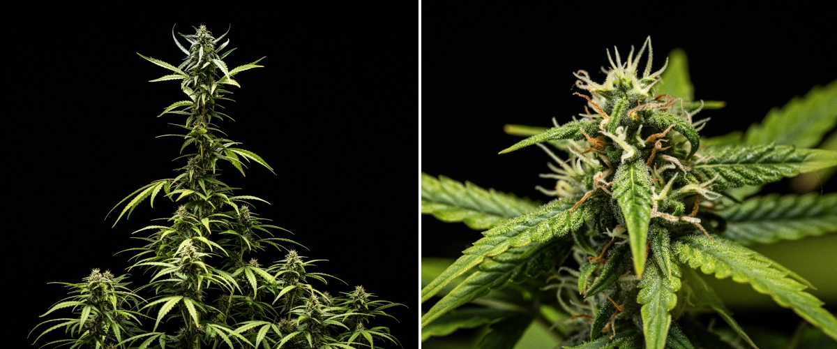 NYC Sour Diesel Auto kannabisznövény a virágzás 7. hetében, sűrű, ragadós virágokkal, fokozott gyantatermeléssel, a fényhez közeli fő colával, enyhe levélsápadással és megtámasztott, hajló ágakkal