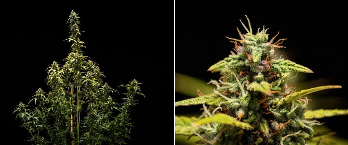 NYC Sour Diesel Auto kannabisznövény a virágzás 9. hetében, betakarításkor, többnyire felhős trichómákkal, sűrű virágokkal, magas szerkezettel és enyhe fényterheléssel a felső colán