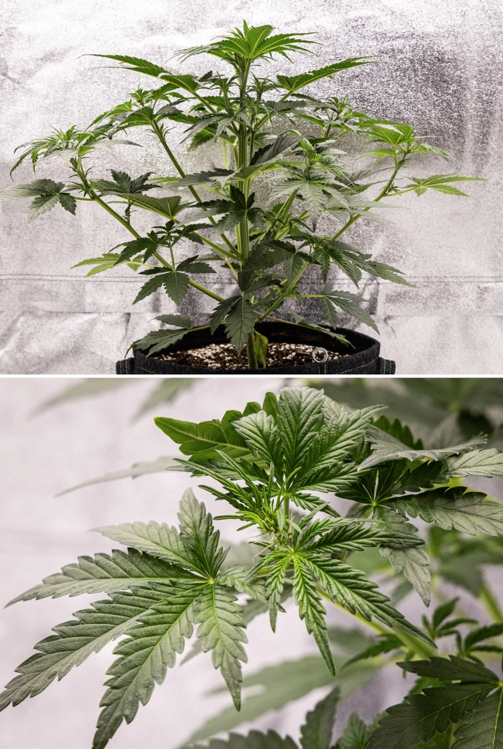 Royal Creamatic termesztési beszámoló: 4. hét, korai virágzás Royal Creamatic kannabisznövény a 4. héten, a virágzás kezdetével, egészséges zöld lombozattal, friss bibékkel és erőteljes ágnövekedéssel.