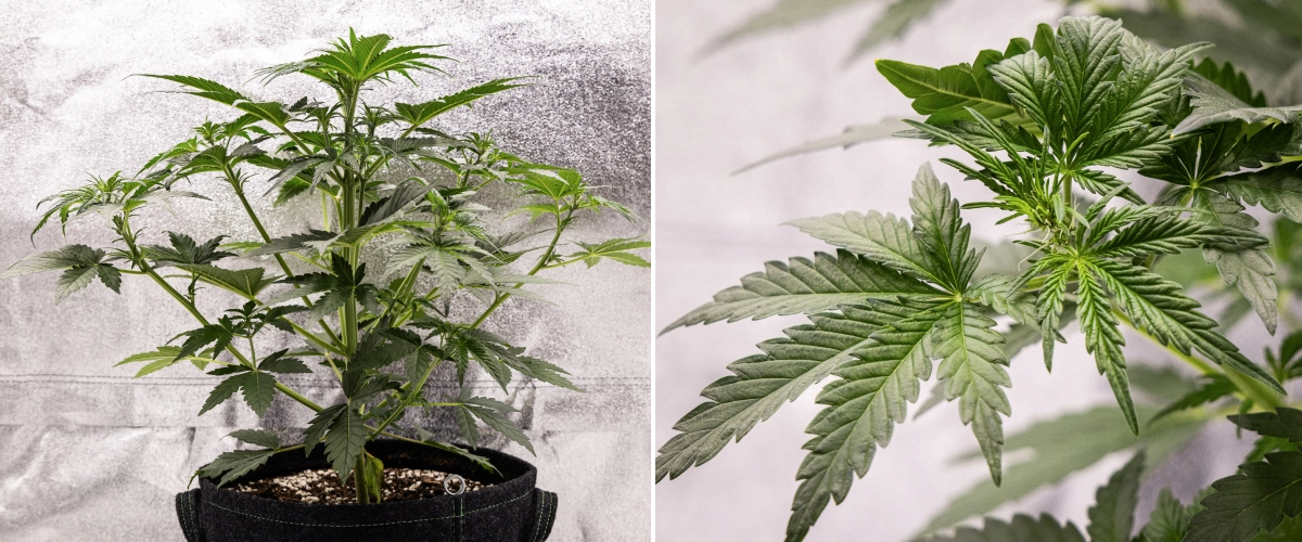 Royal Creamatic termesztési beszámoló: 4. hét, korai virágzás Royal Creamatic kannabisznövény a 4. héten, a virágzás kezdetével, egészséges zöld lombozattal, friss bibékkel és erőteljes ágnövekedéssel.