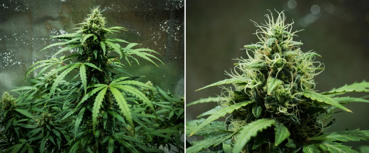 Royal Dwarf termesztési beszámoló: 7. hét, sűrű virágok Royal Dwarf kannabisznövény a 7. héten, sűrű ragadós virágokkal, fehér bibékkel, gyantás virágokkal és egészséges zöld lombozattal.