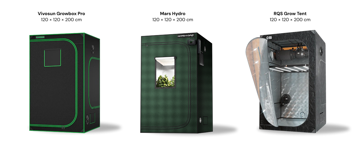 Három 120 × 120 × 200 cm-es termesztősátor egymás mellett: Vivosun Growbox Pro, Mars Hydro és RQS Grow Tent
