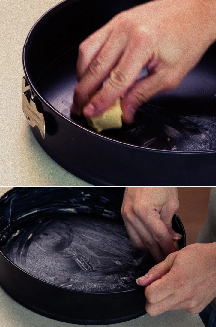 Egy kapcsos tortaforma kivajazása, első lépés egy házi cannabis space cake sütéséhez