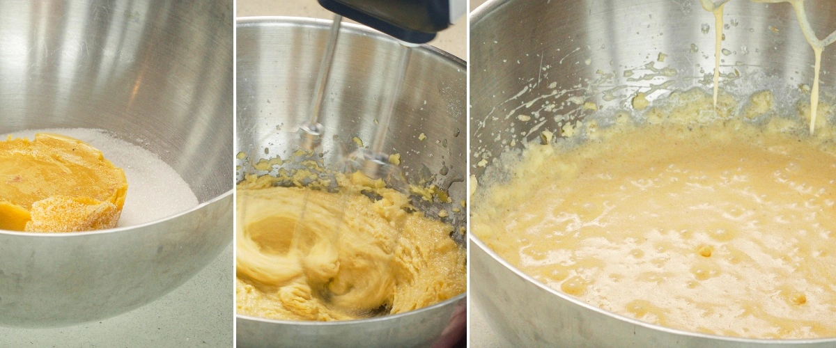 Csokoládés tészta keverése vajjal, cukorral, tojással, kakaóporral és tejjel, második lépés a cannabis space cake sütéséhez