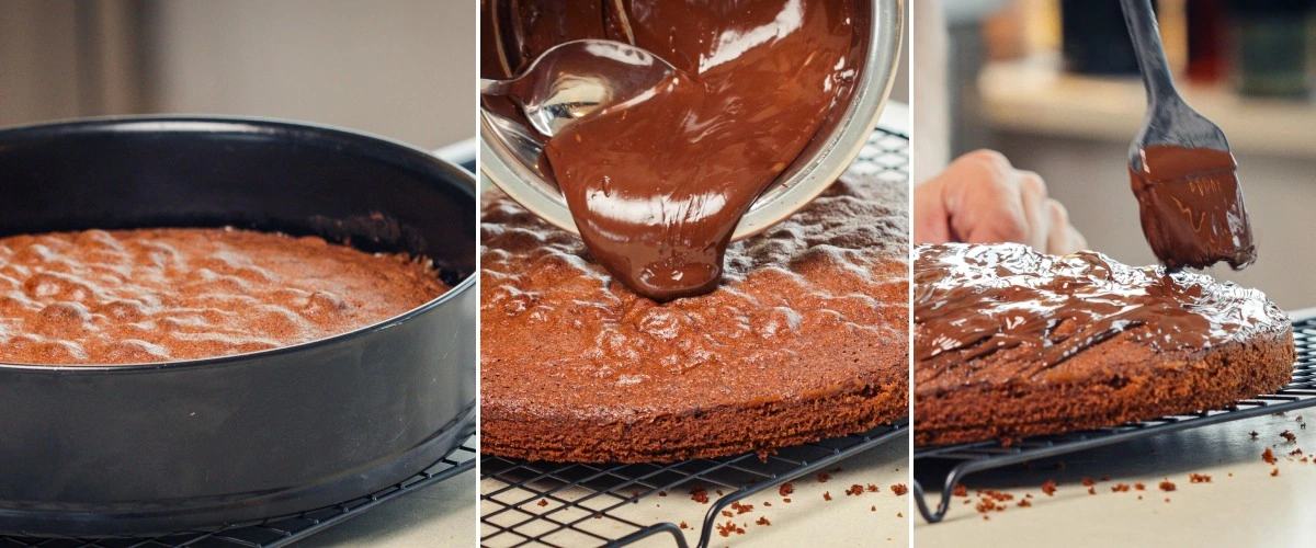 Olvasztott étcsokoládé ráöntése a kihűlt space cake-re és egyenletes elkenése, negyedik lépés a cannabis space cake befejezéséhez